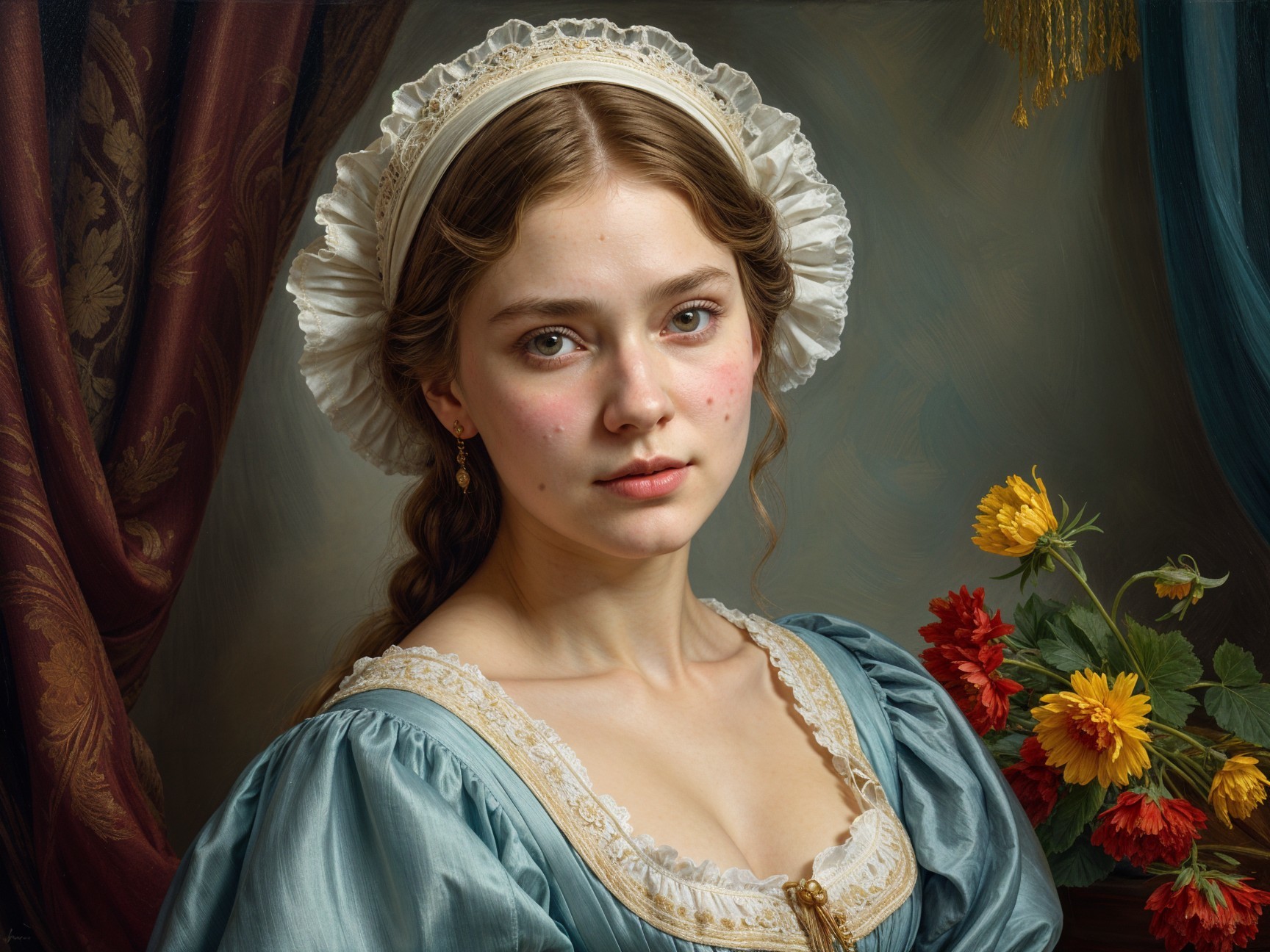 Young Woman in Light Blue Dress with Sunflowers