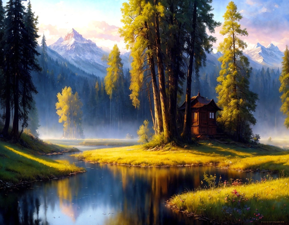 Tranquil landscape with wooden cabin, river, trees, mountains, and sunrise