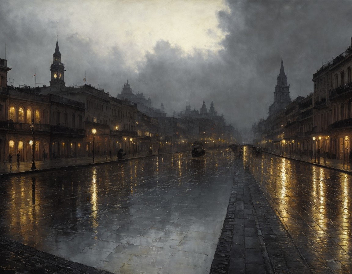 Rainy Dusk Cityscape: Wet Cobblestones & Classical Architecture