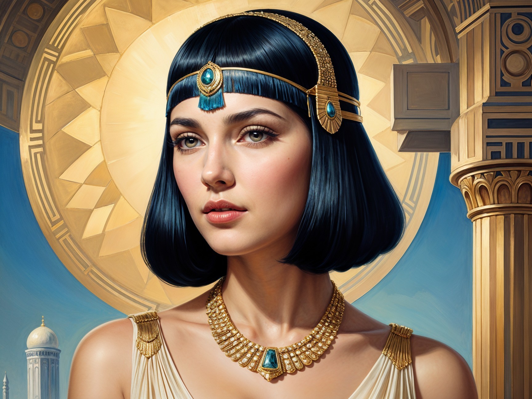 Ancient queen with blue headdress and golden jewelry