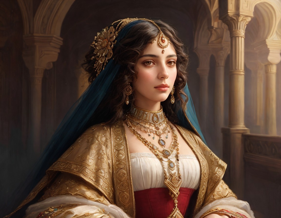 Regal Woman in Traditional Attire with Gold Jewelry
