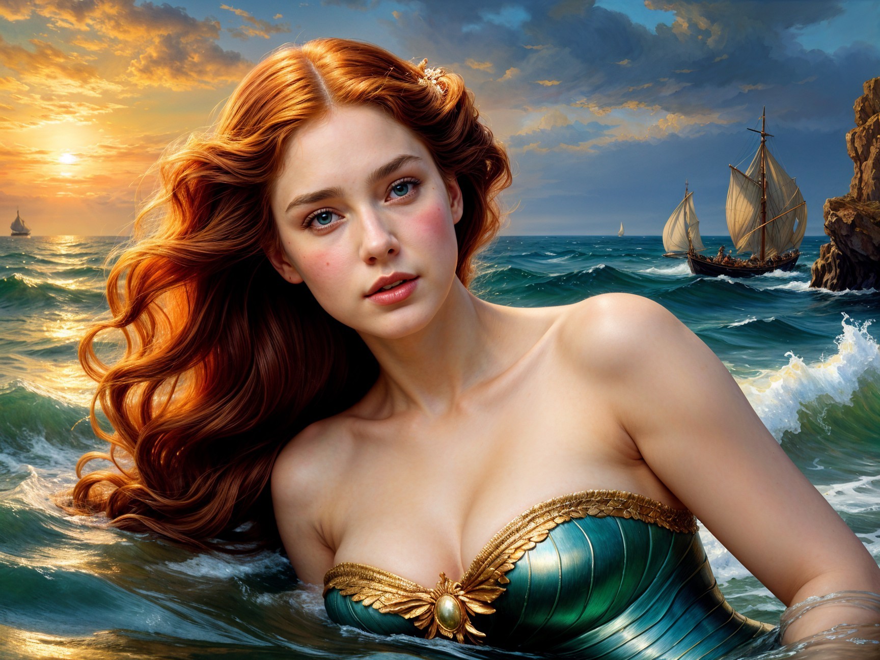 Mermaid Emerges from Turquoise Waves at Sunset