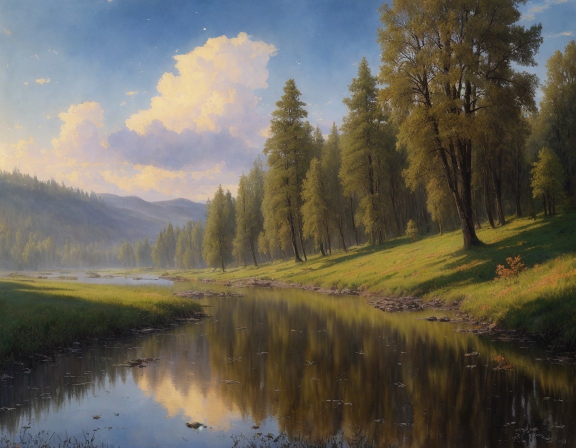 Tranquil sunset river landscape with green trees and cloudy sky