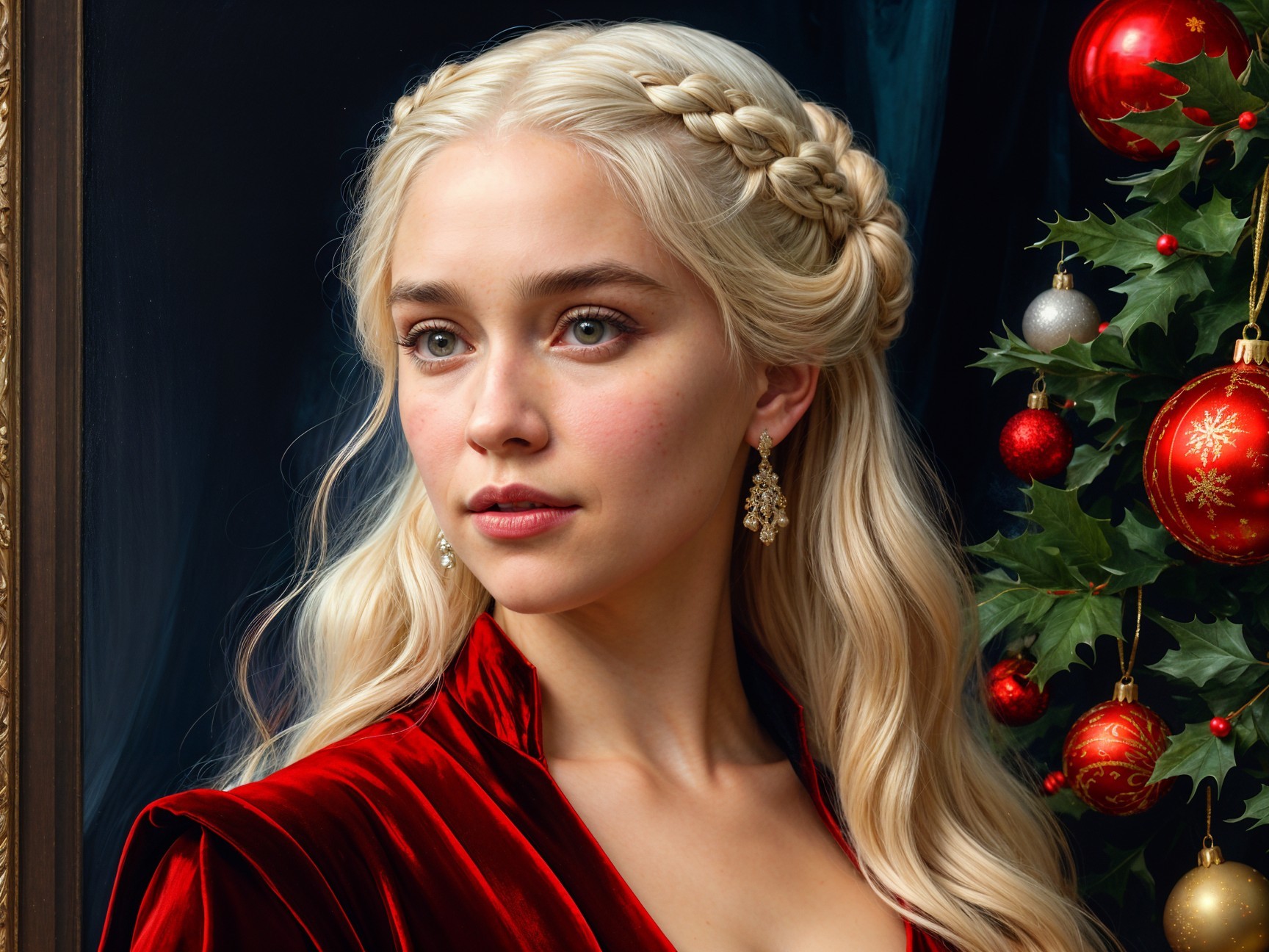 Young Woman in Red Velvet Dress by Christmas Tree