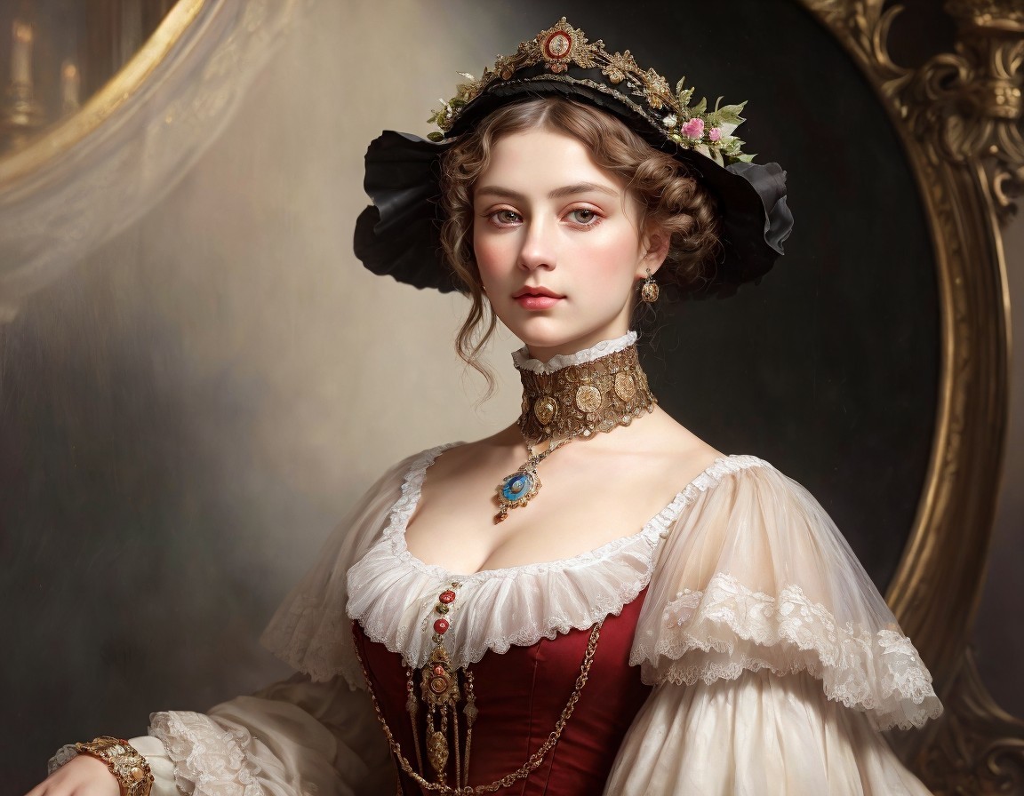Historical woman in elaborate hat and jeweled choker with romantic details.