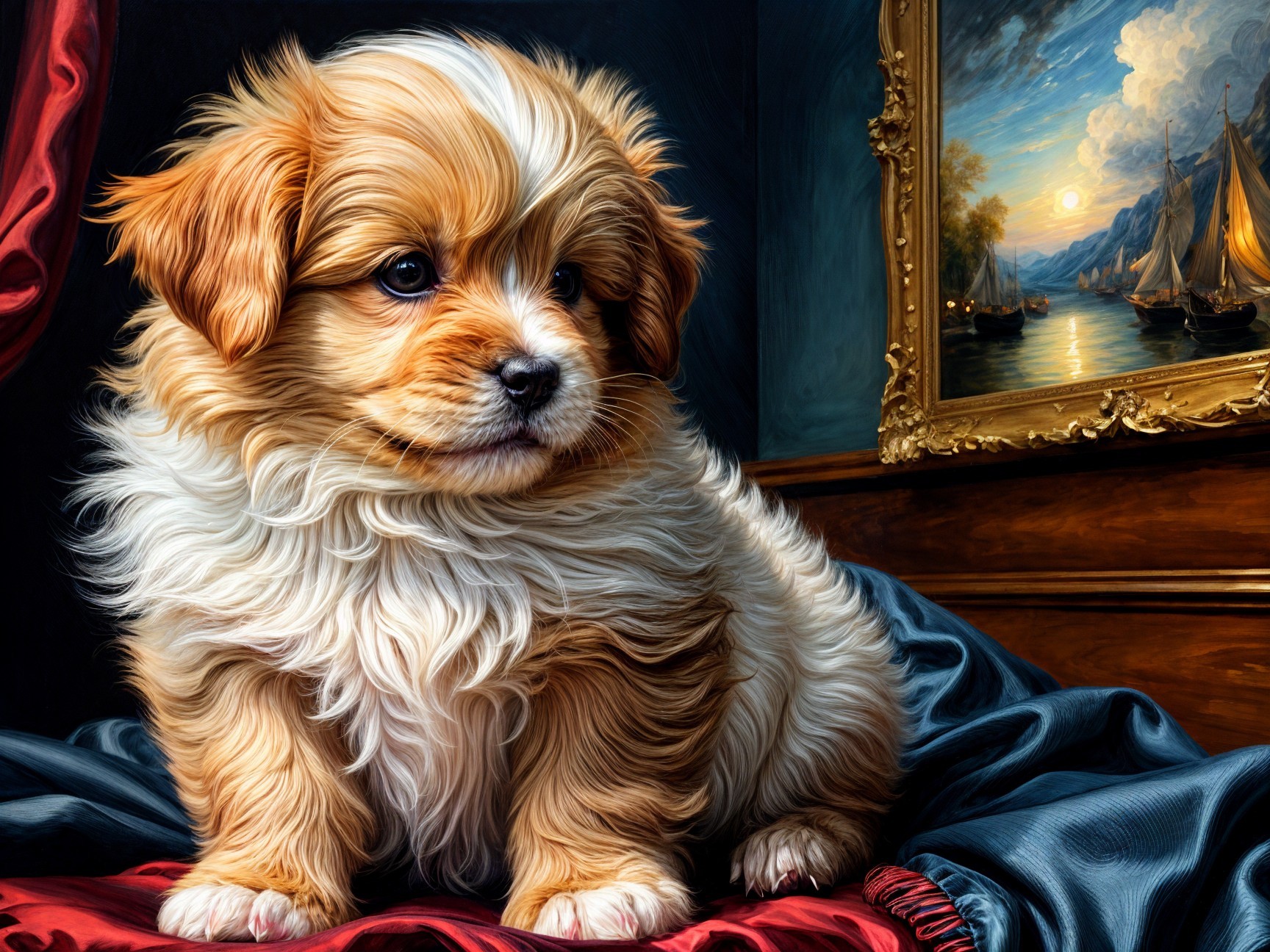 Fluffy Golden-Brown Puppy on Dark Fabric with Painting