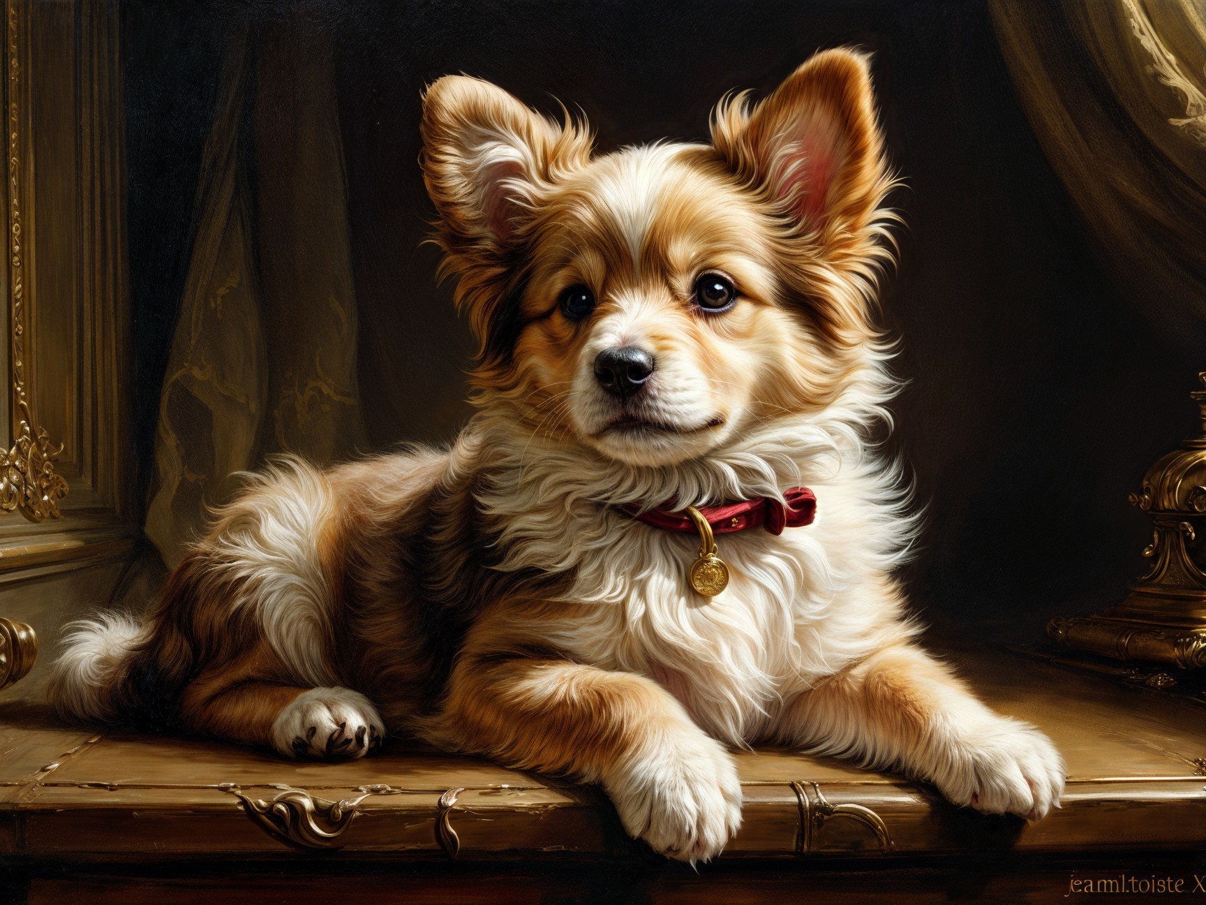 Fluffy Golden-Brown Dog on Wooden Table Portrait