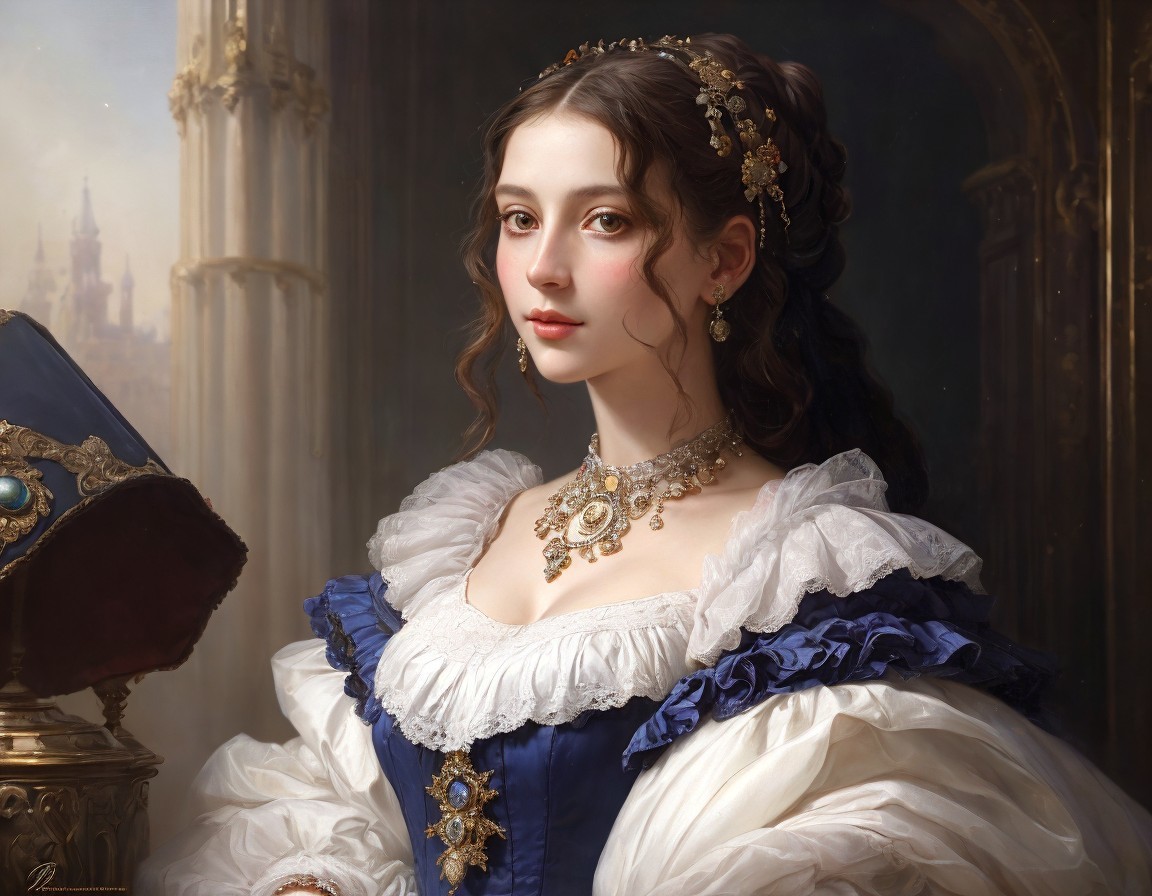 Portrait of a Woman in Regal Attire with Classical Background