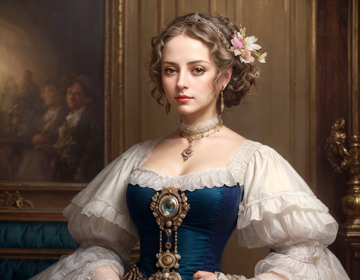 Victorian woman in blue and white dress with ornate jewelry next to classical painting
