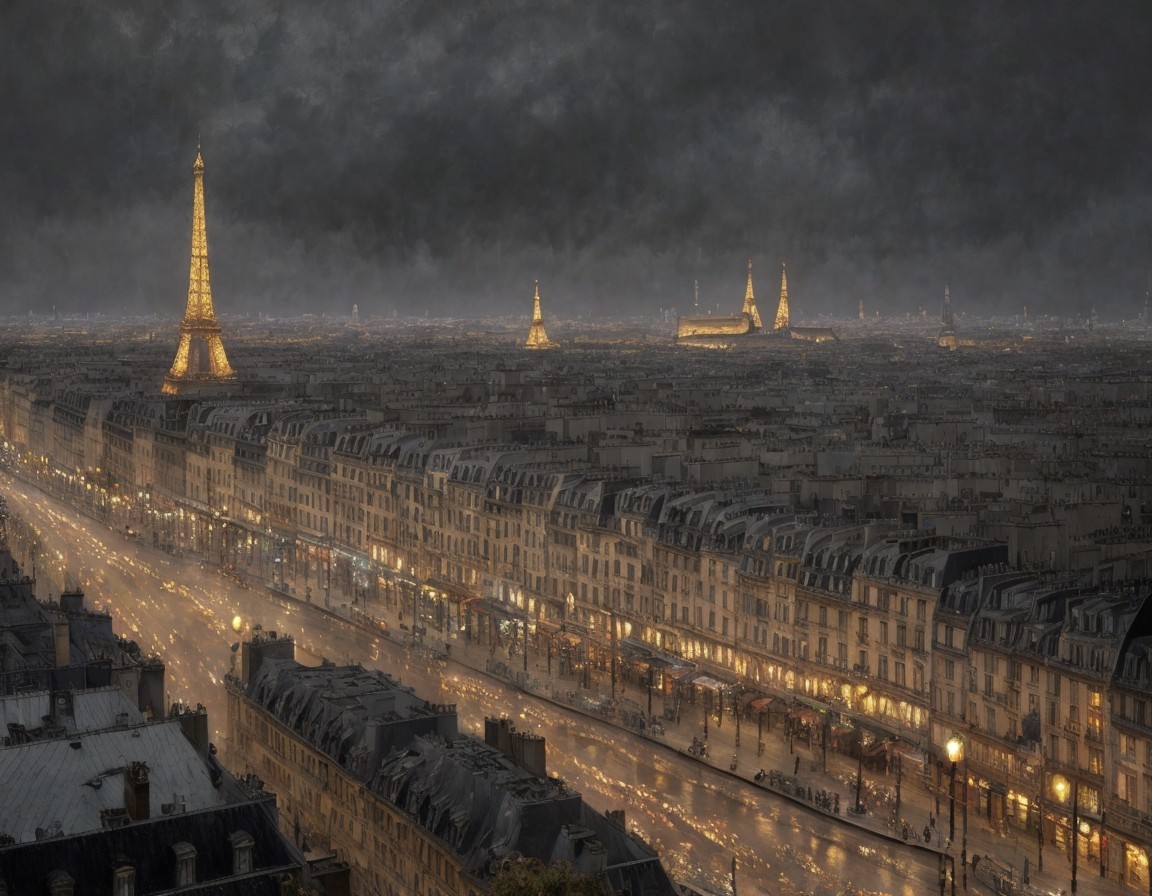 Cityscape of Paris with illuminated Eiffel Tower and streets at dusk