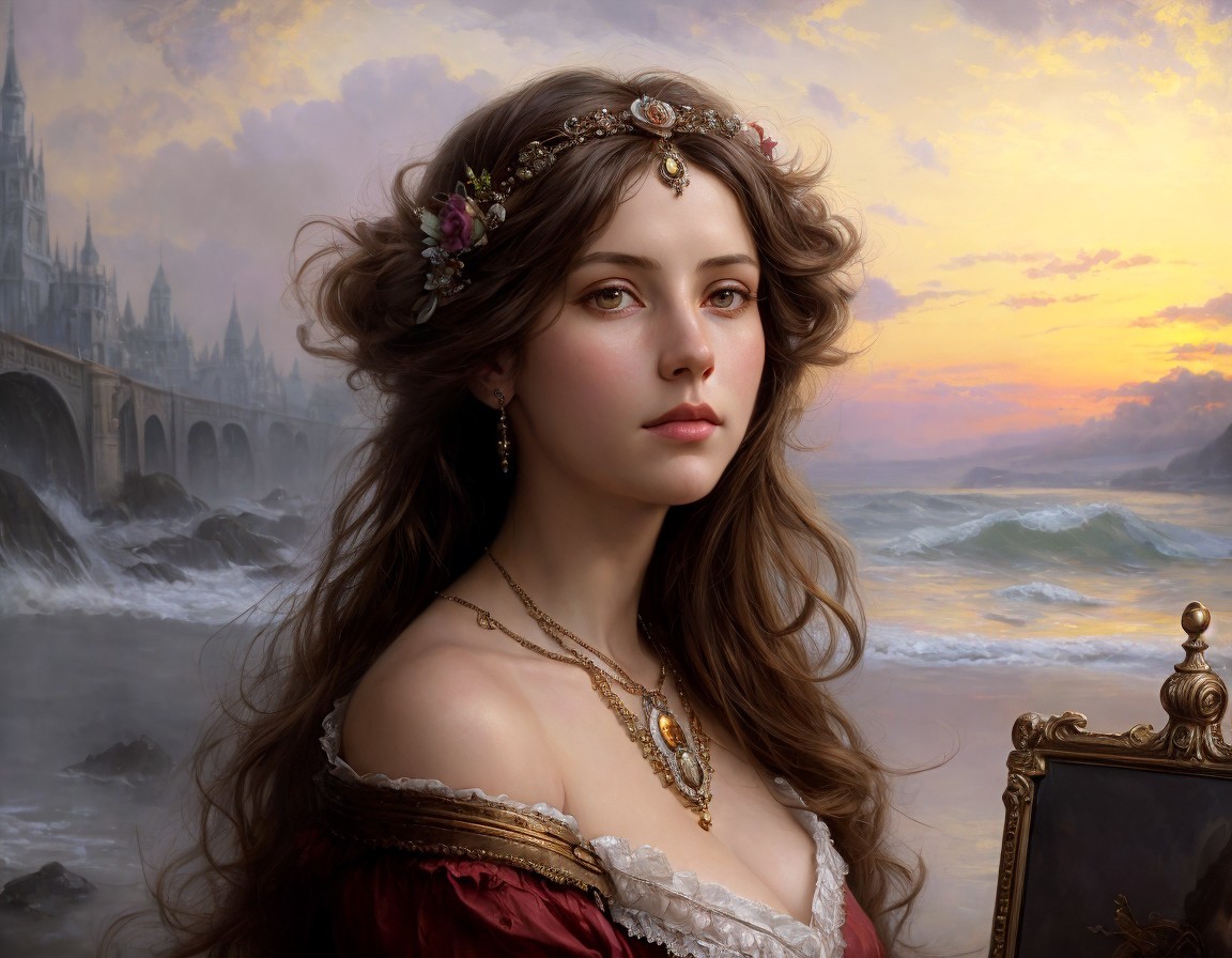 Portrait of young woman with long brown hair, flower headpiece, burgundy dress, against sunset sea