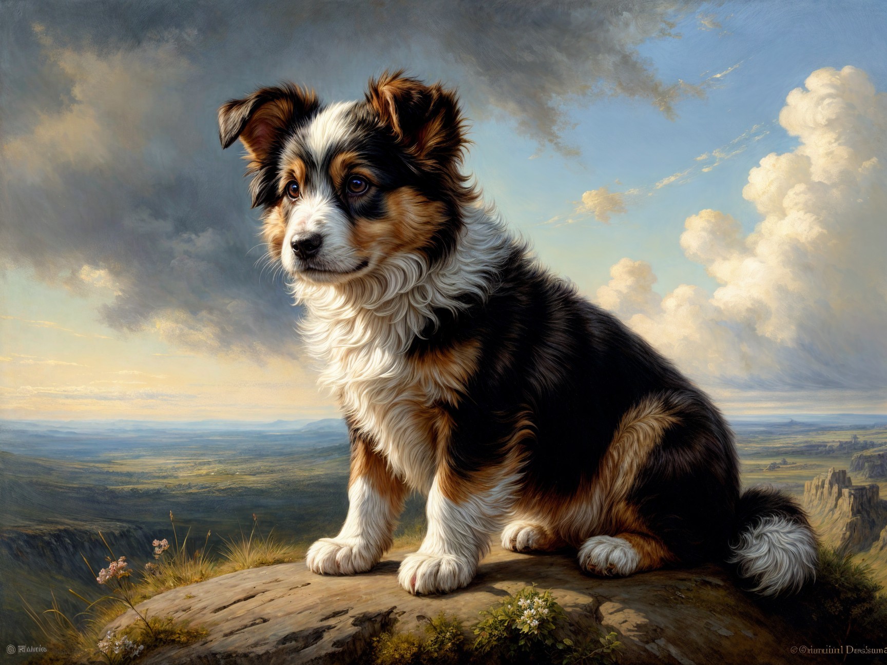 Puppy on Rocky Outcrop with Scenic Landscape Background
