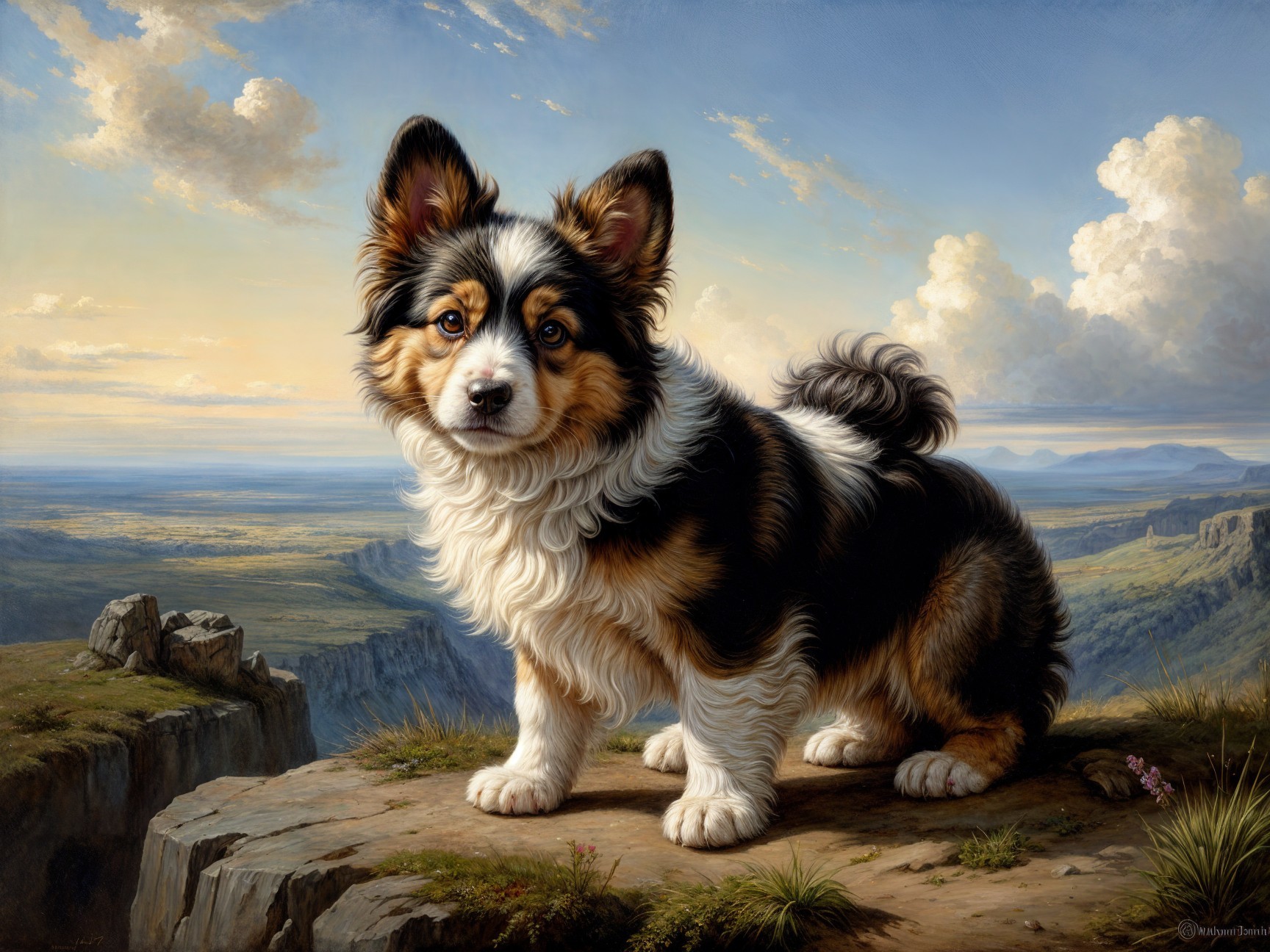 Corgi on Rocky Outcrop with Scenic Landscape Background