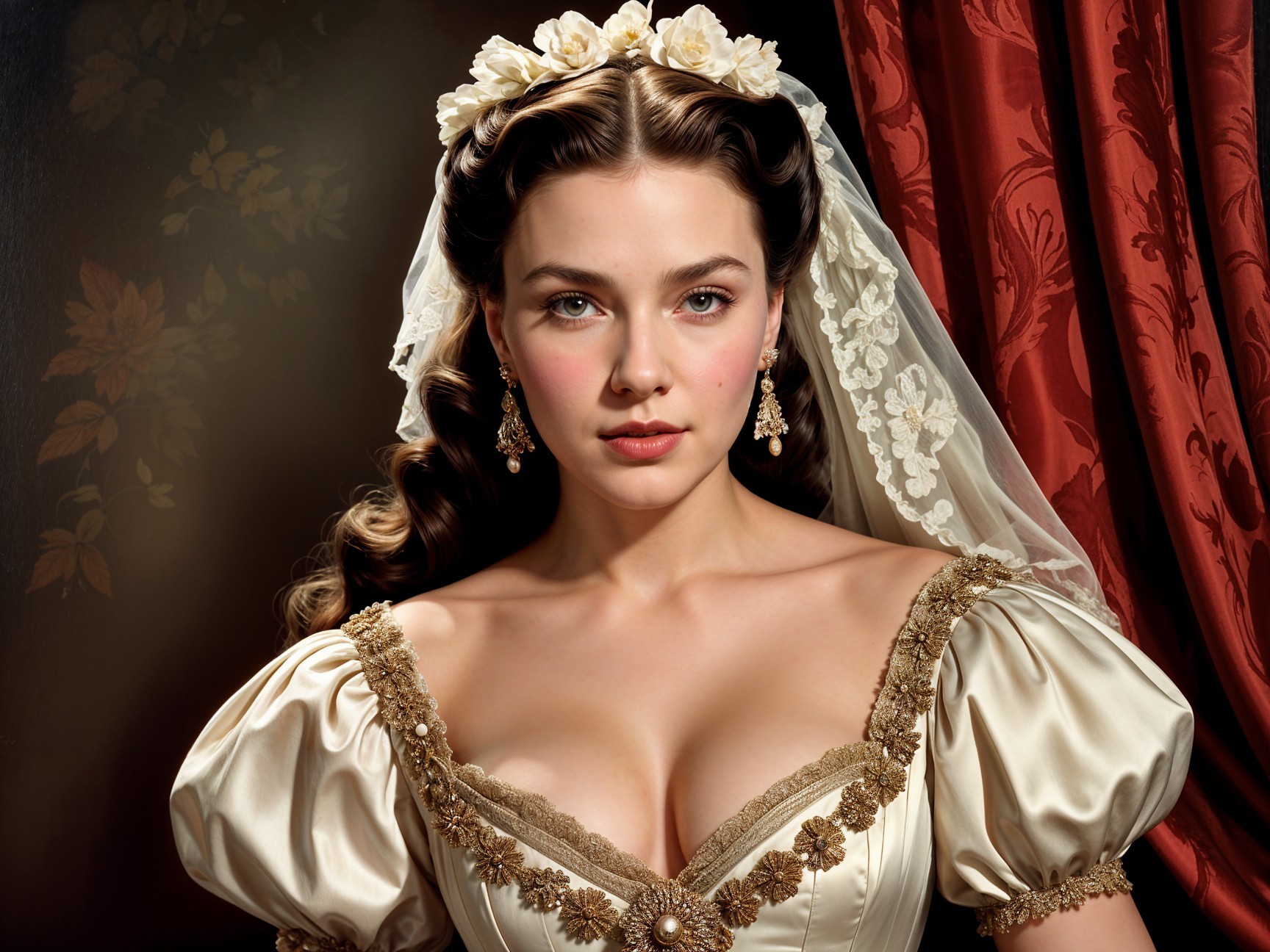 Woman in vintage gown with gold detailing and veil