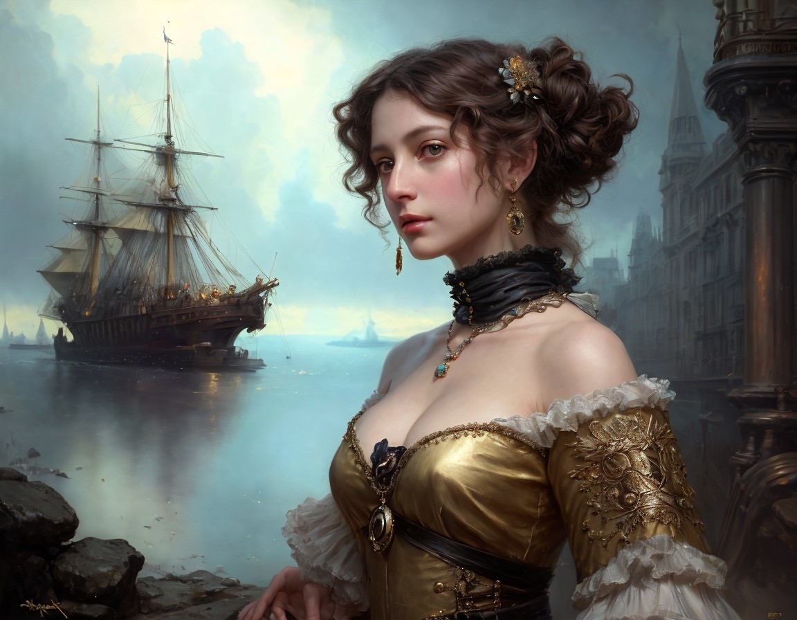 Woman in Historical Dress at Misty Harbor with Ships