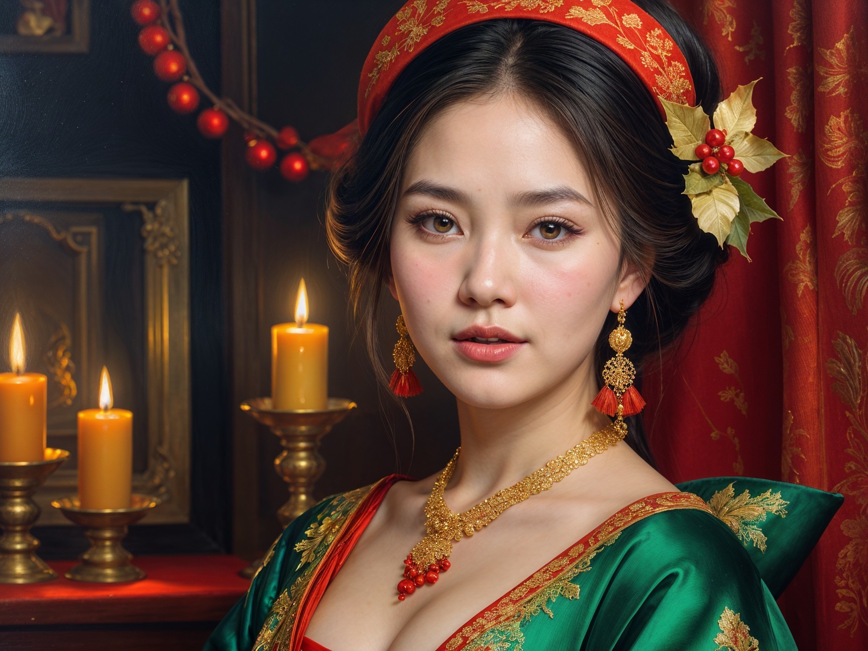 Young woman in green gown with festive headdress