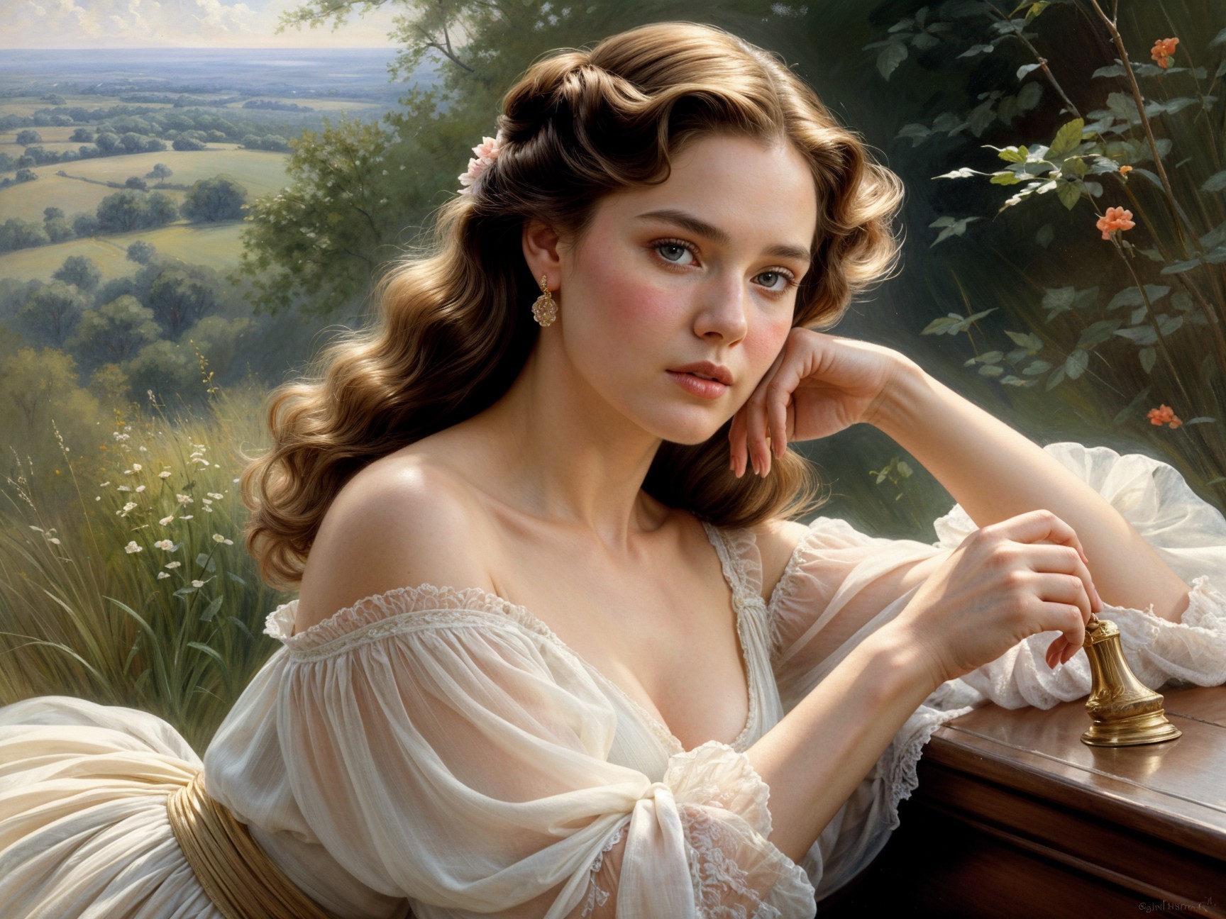 Young woman in gown at table with serene landscape