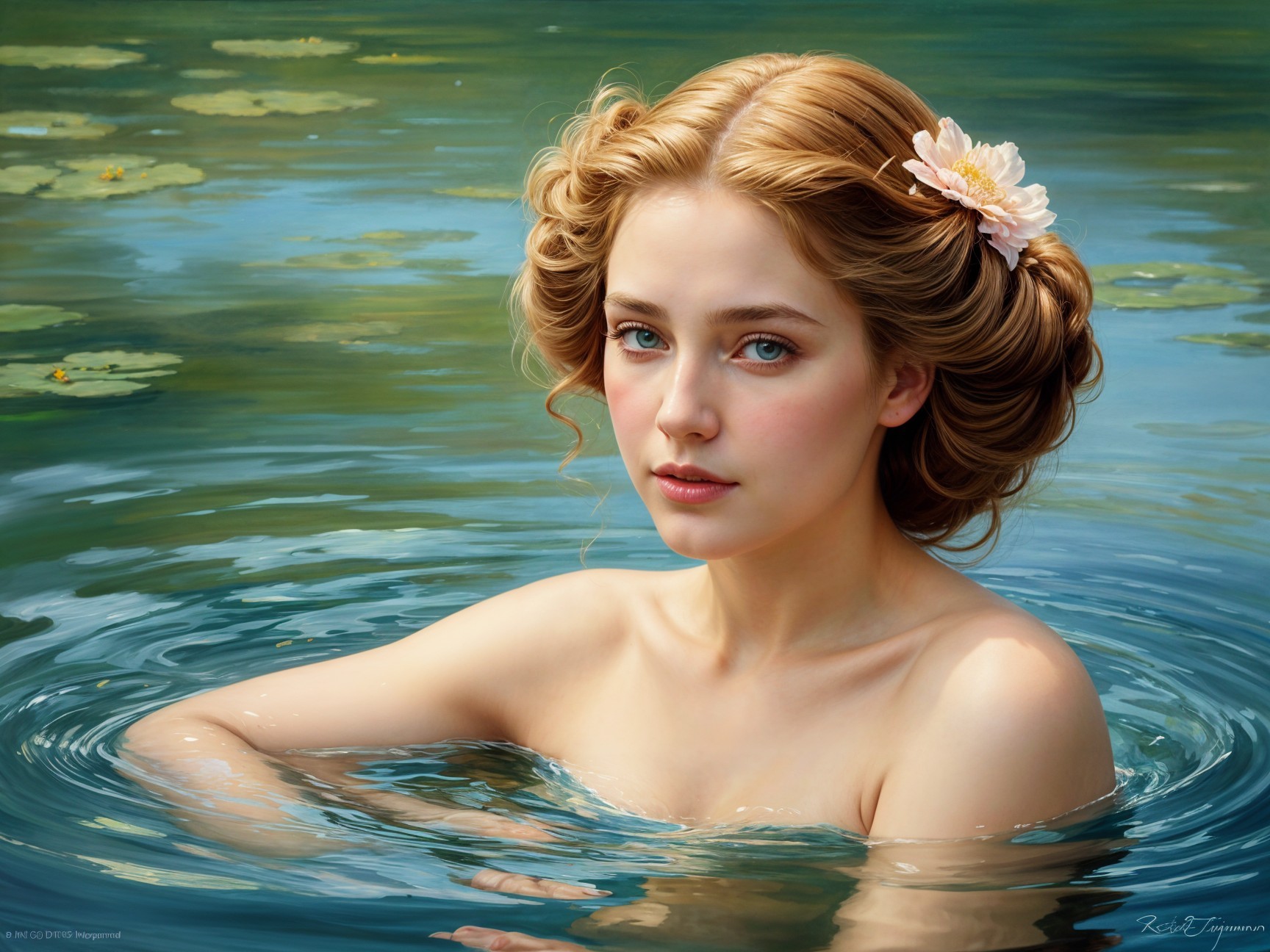 Young Woman with Golden Hair in Tranquil Pond