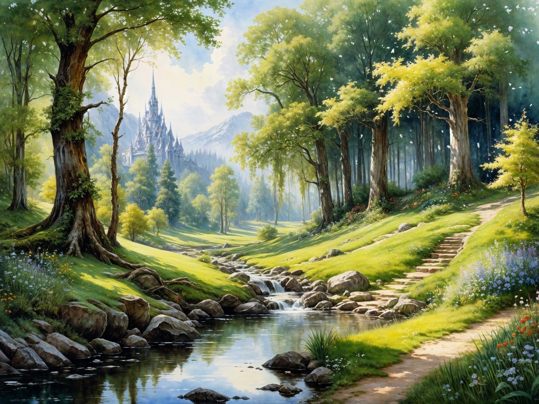Serene Landscape with Stream, Meadows, and Castle