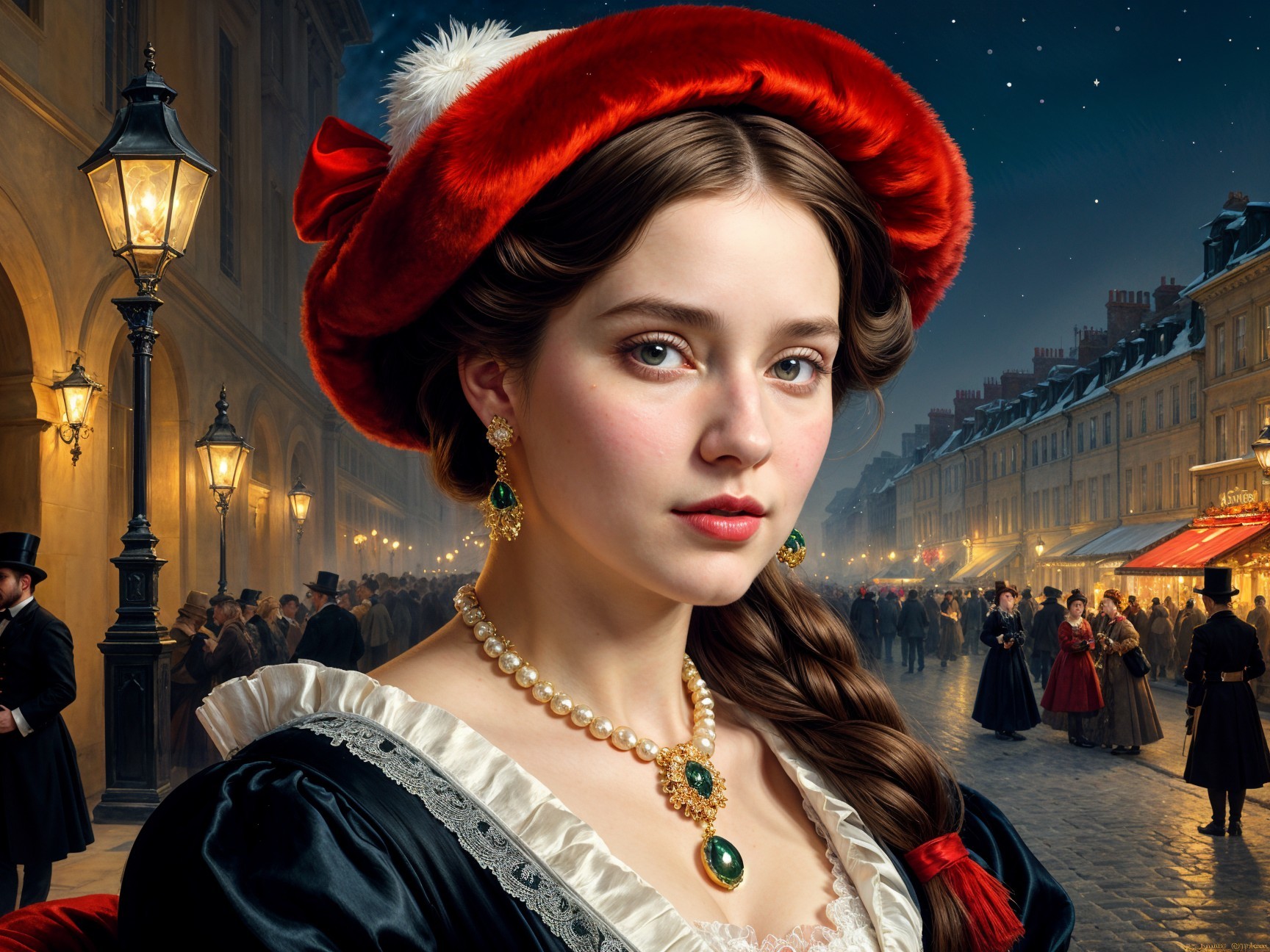 19th-Century Woman in Elegant Attire on Cobblestone Street