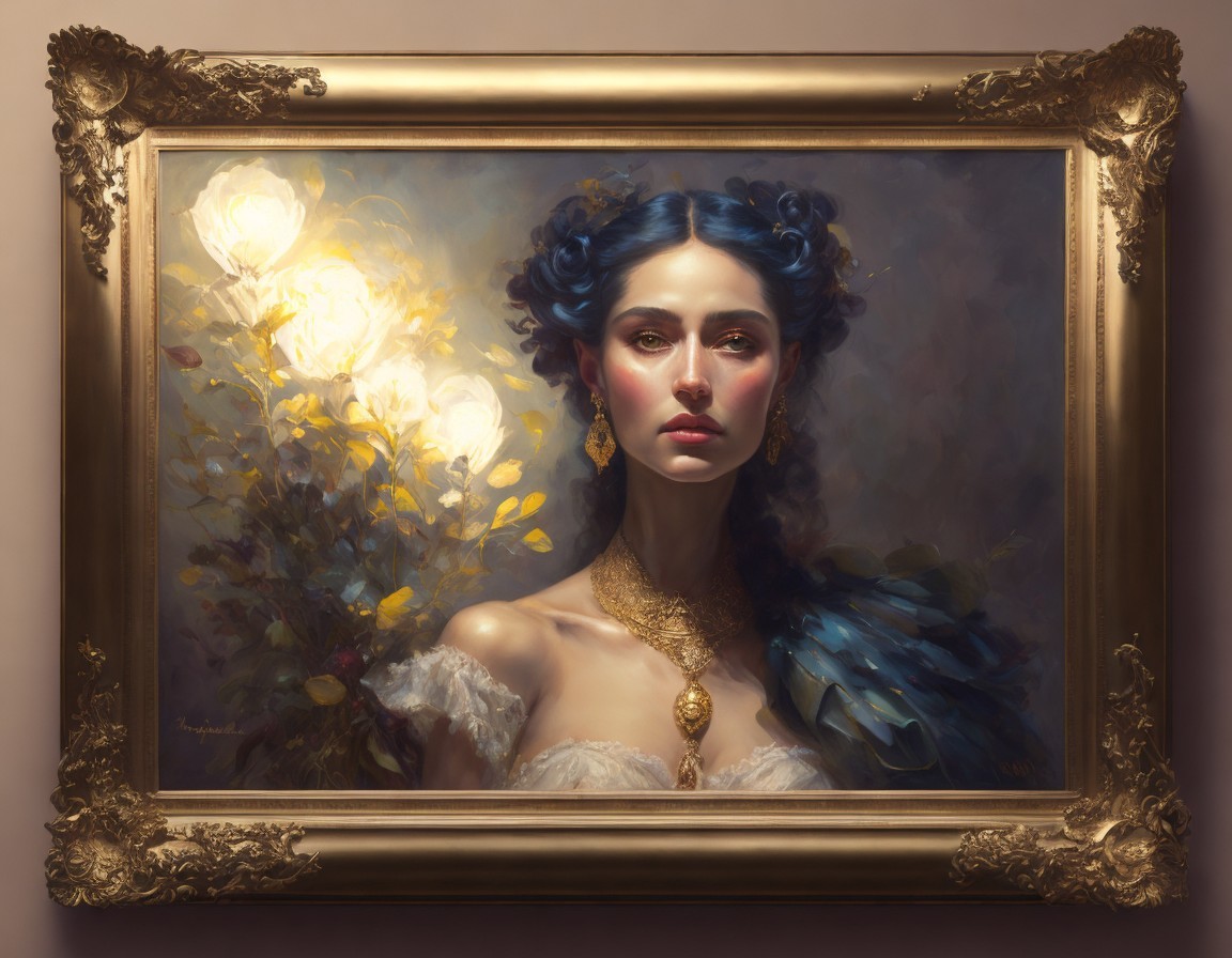 Oil Painting of a Woman with Blue Hair in Gilded Frame