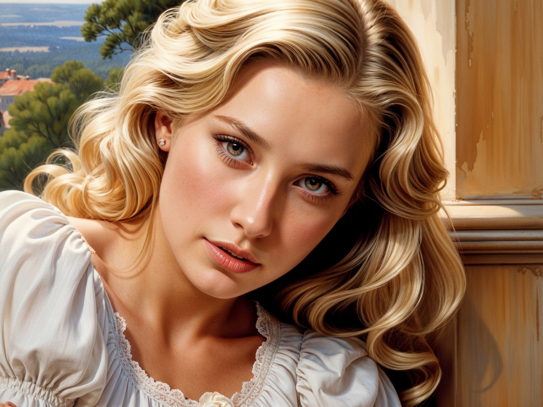 Young Woman with Blonde Hair in Serene Landscape