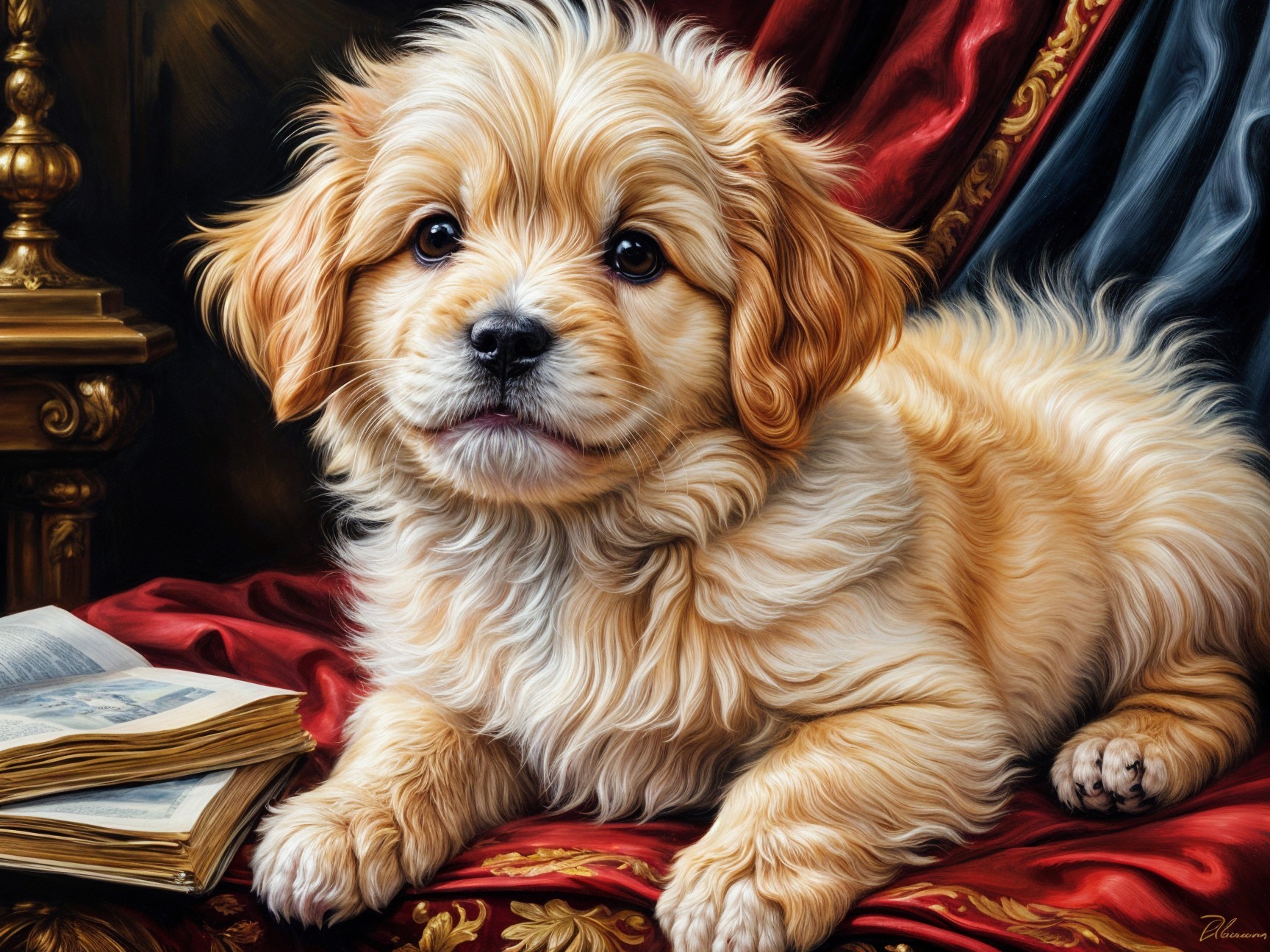Fluffy Golden Puppy on Red Velvet with Open Book