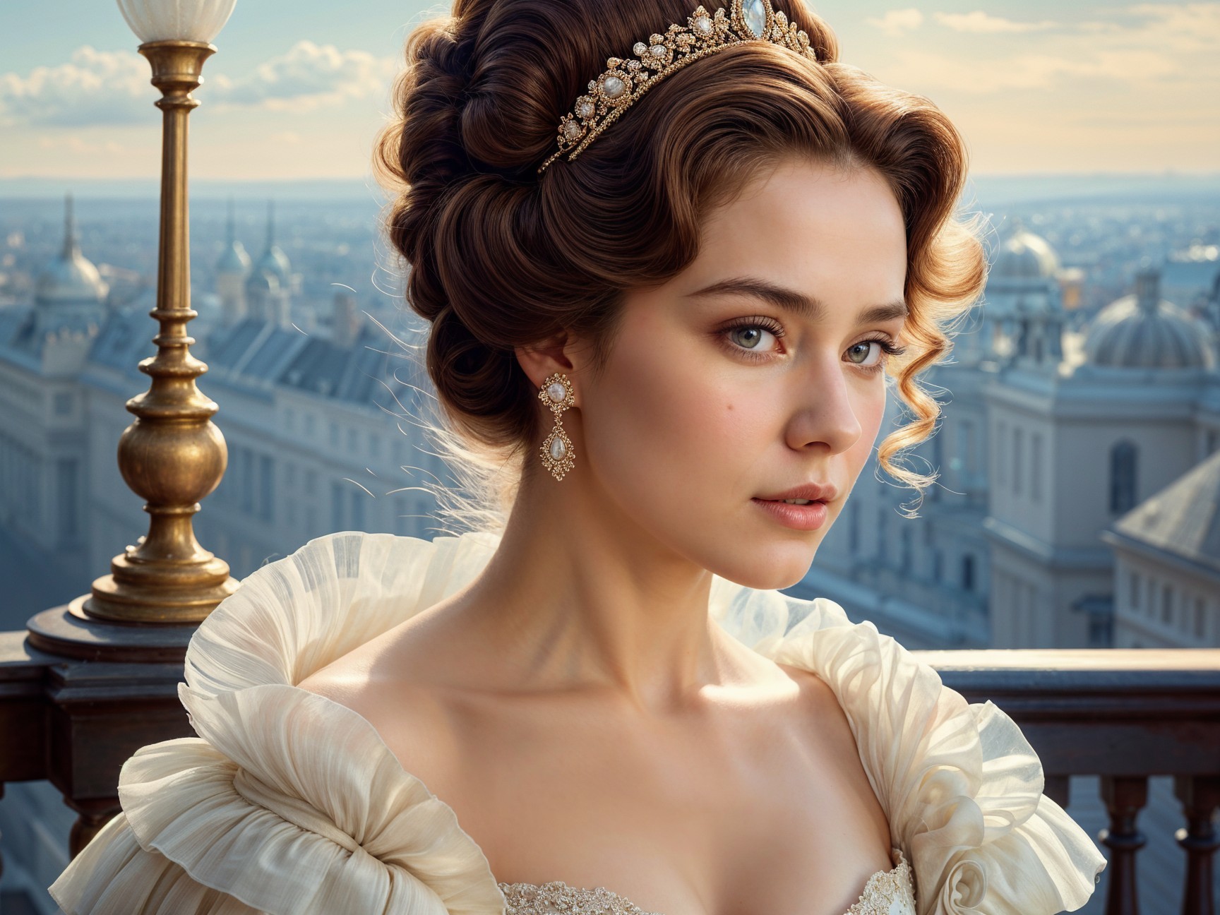 Elegant Woman in Tiara on Balcony Overlooking City