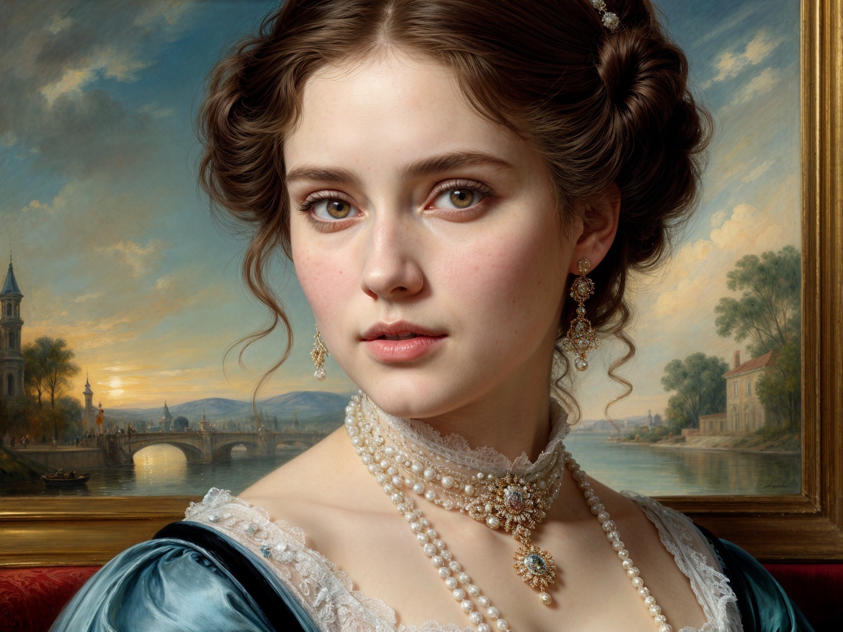 Young woman in blue gown with serene landscape backdrop
