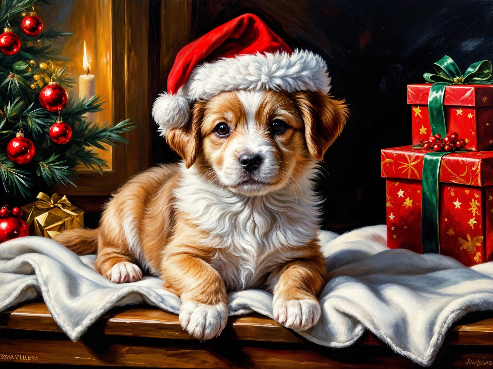 Puppy in Santa Hat Surrounded by Holiday Decor