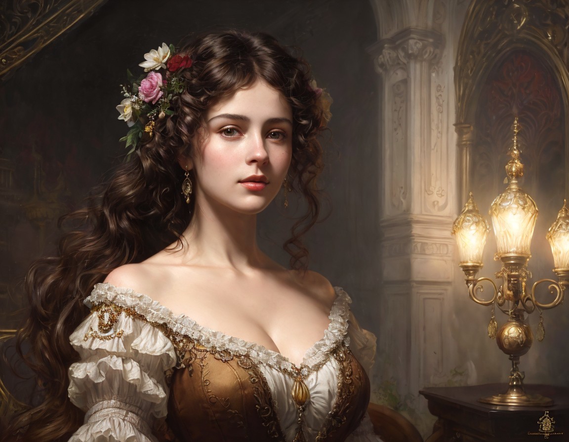 Elegant Young Woman in Floral Adorned Gown