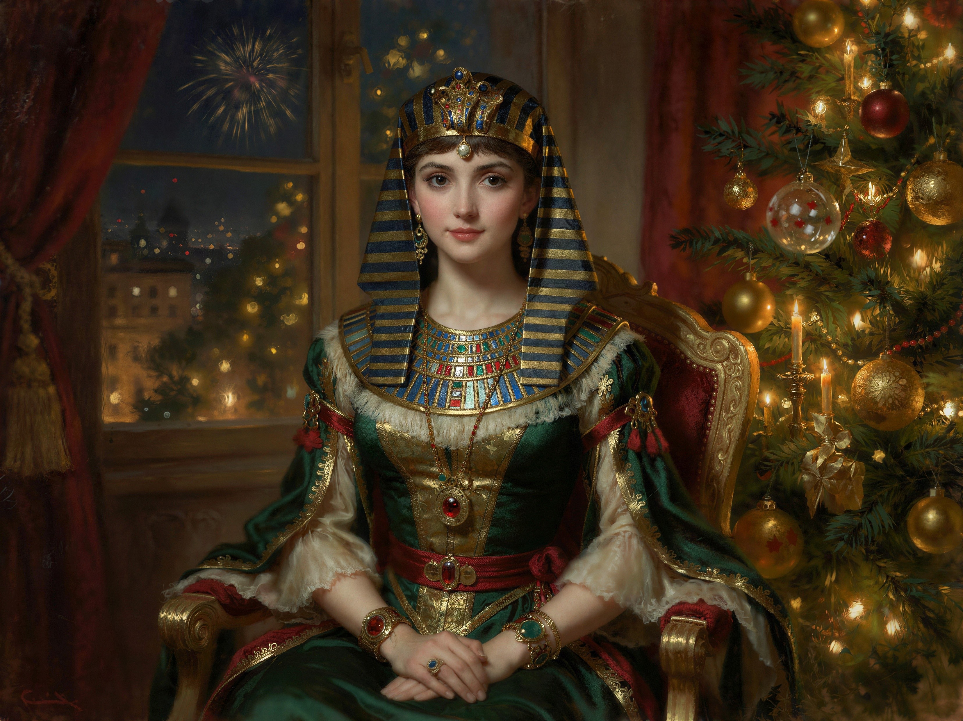 Young Queen in Green Dress with Nighttime City View