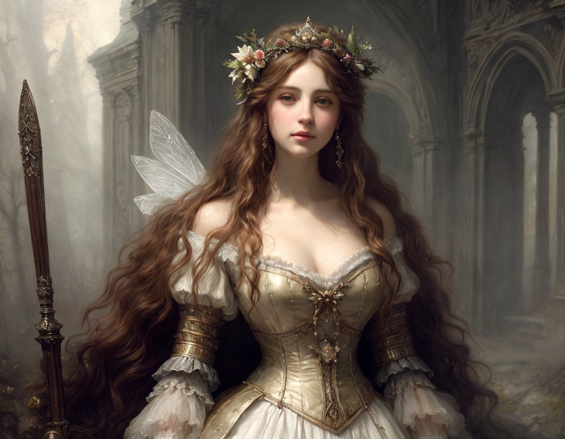 Ethereal Woman with Wings in Gothic Architecture