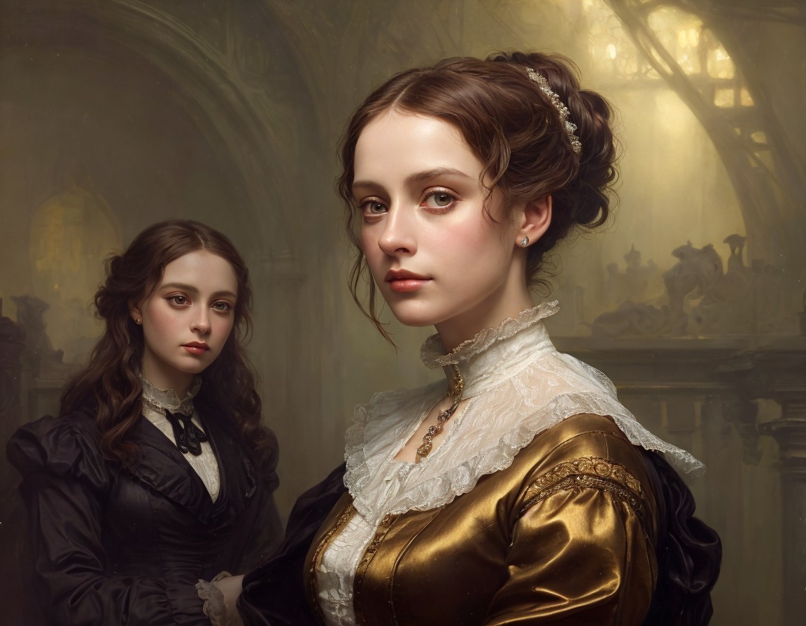 Victorian Women in Detailed Attire and Hairstyles