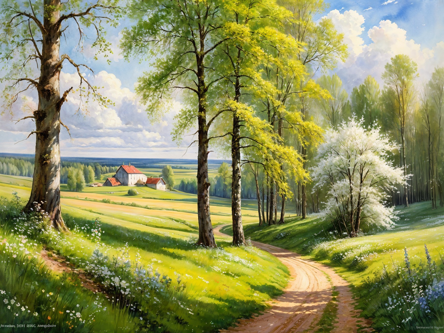 Serene Landscape with Winding Path and Farmhouse