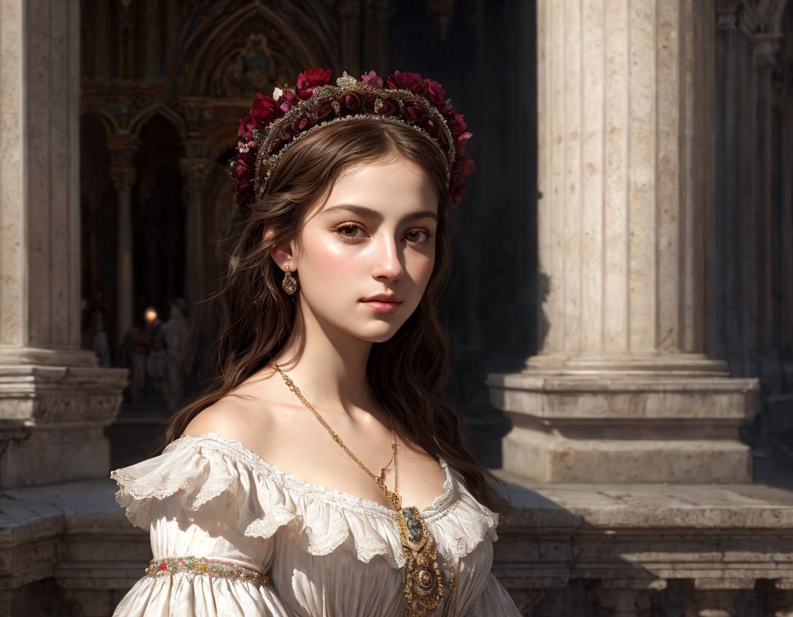 Young woman in historical dress with flower crown and cathedral backdrop