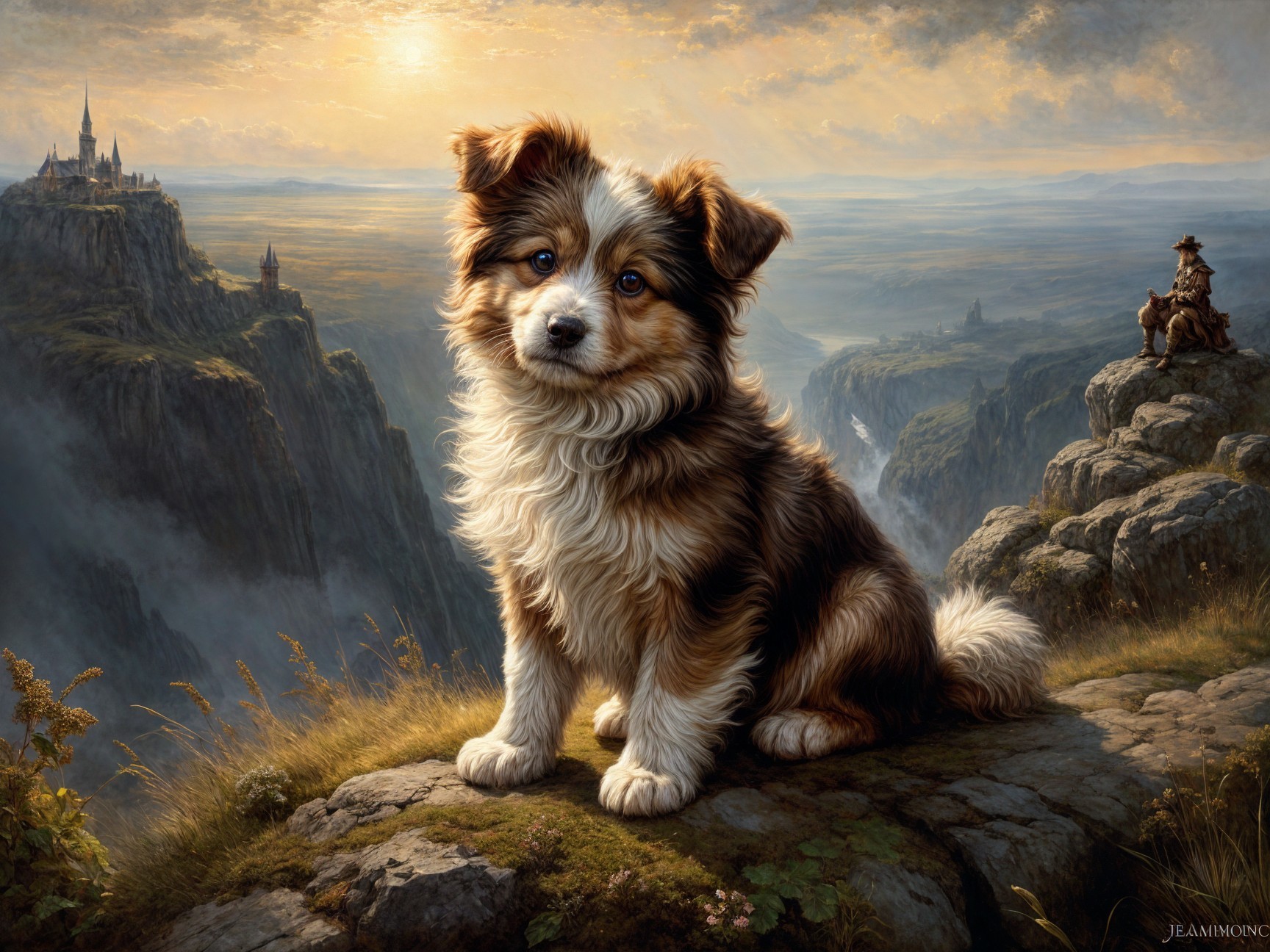 Fluffy Dog on Rocky Ledge Overlooking Scenic Valley