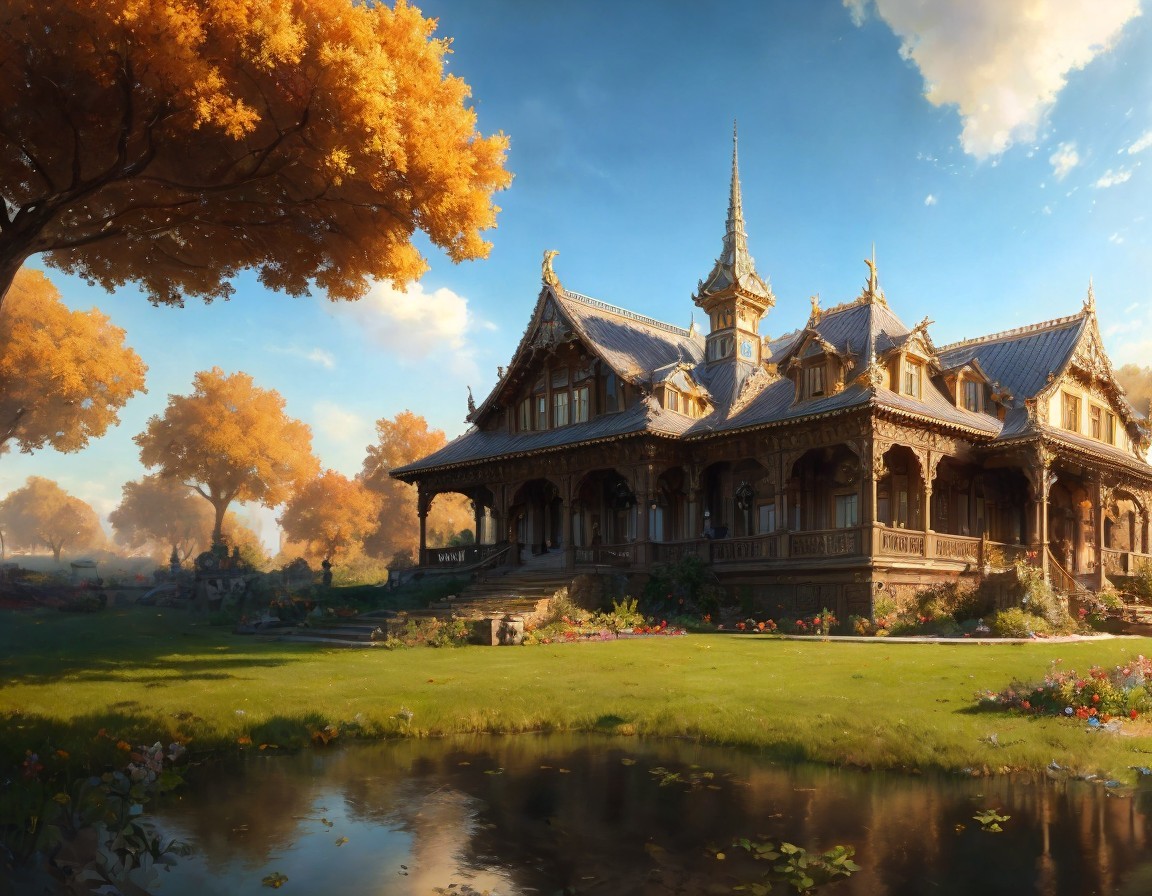 Idyllic Autumn Scene with Pond and Wooden House