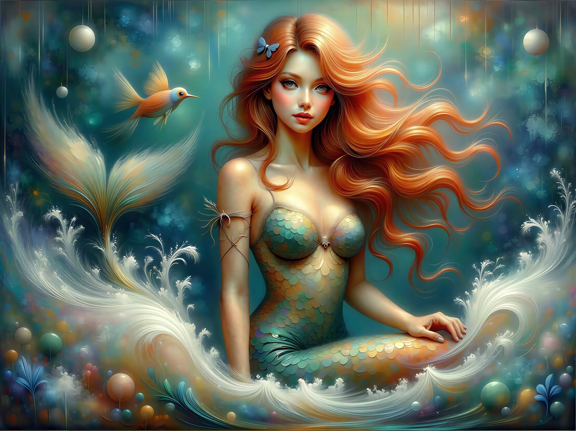 Mermaid with Red Hair Among Ocean Waves and Wildlife