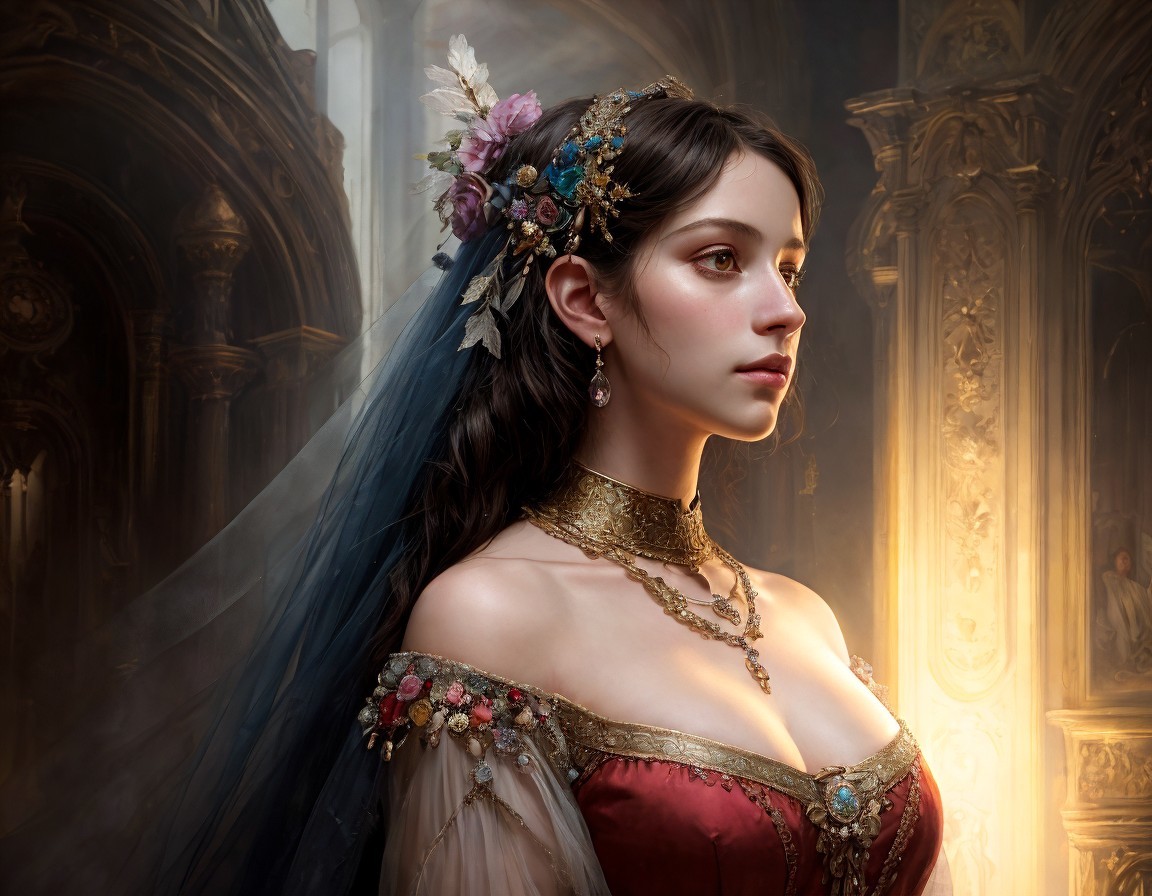 Wistful Young Woman in Lavish Historical Dress