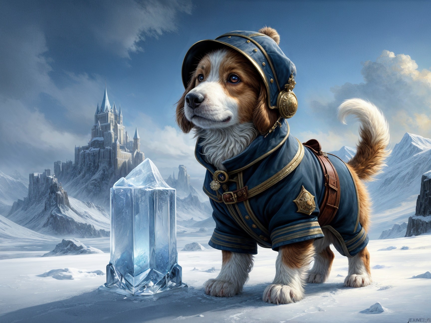Dog in Blue Coat in Snowy Landscape with Castle