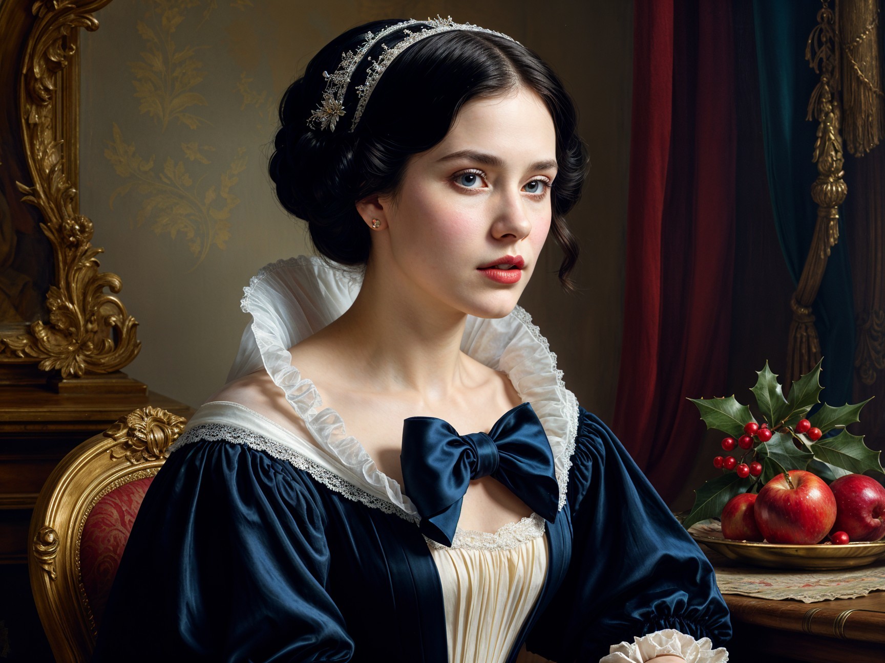 Victorian-era gown with festive apples and holly