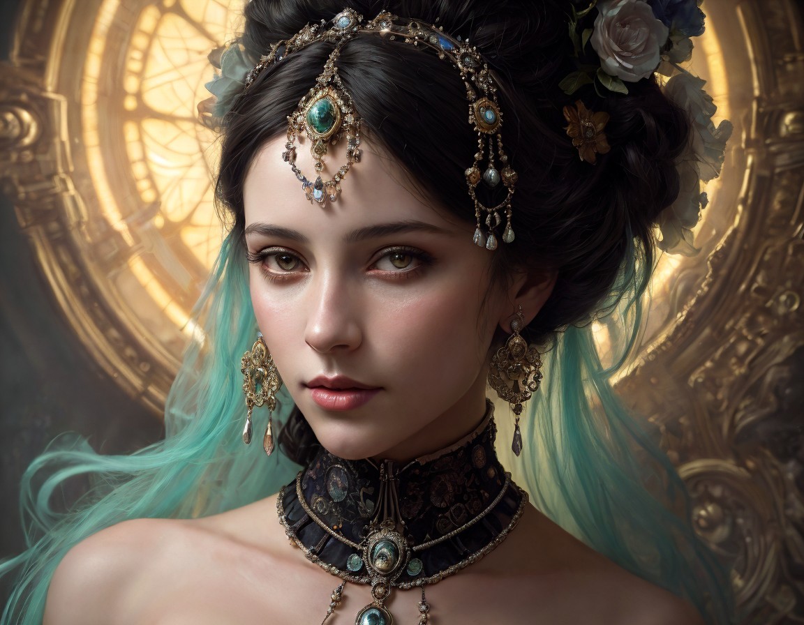 Portrait of a young woman with flowers and jewelry