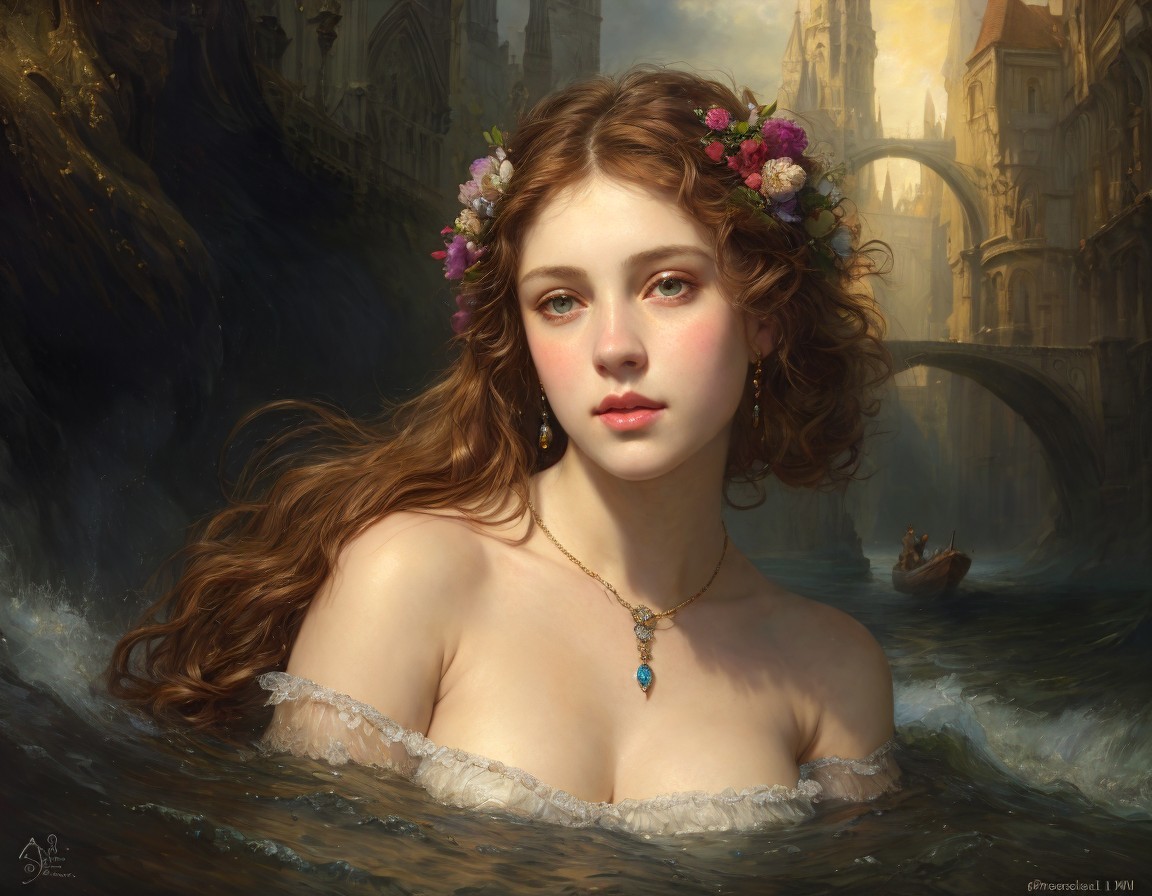 Portrait of a Young Woman with Floral Crown and Waterway