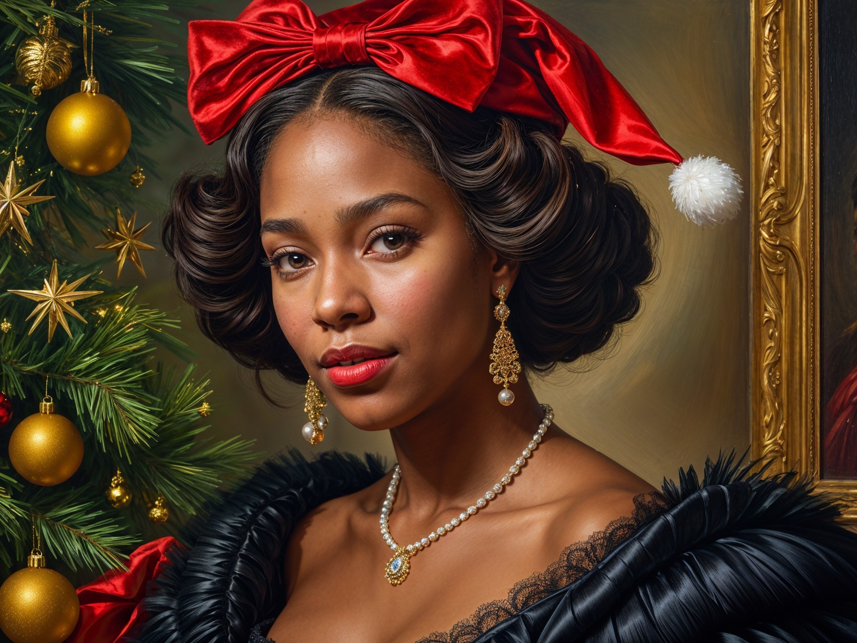 Elegant Woman by Decorated Christmas Tree