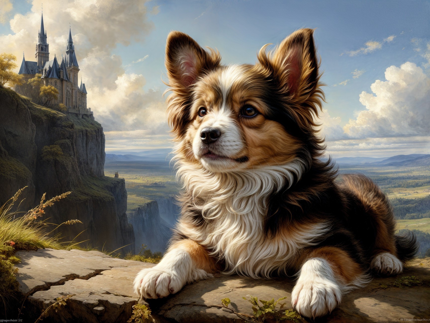 Fluffy Tricolor Dog on Rocky Ledge with Castle View