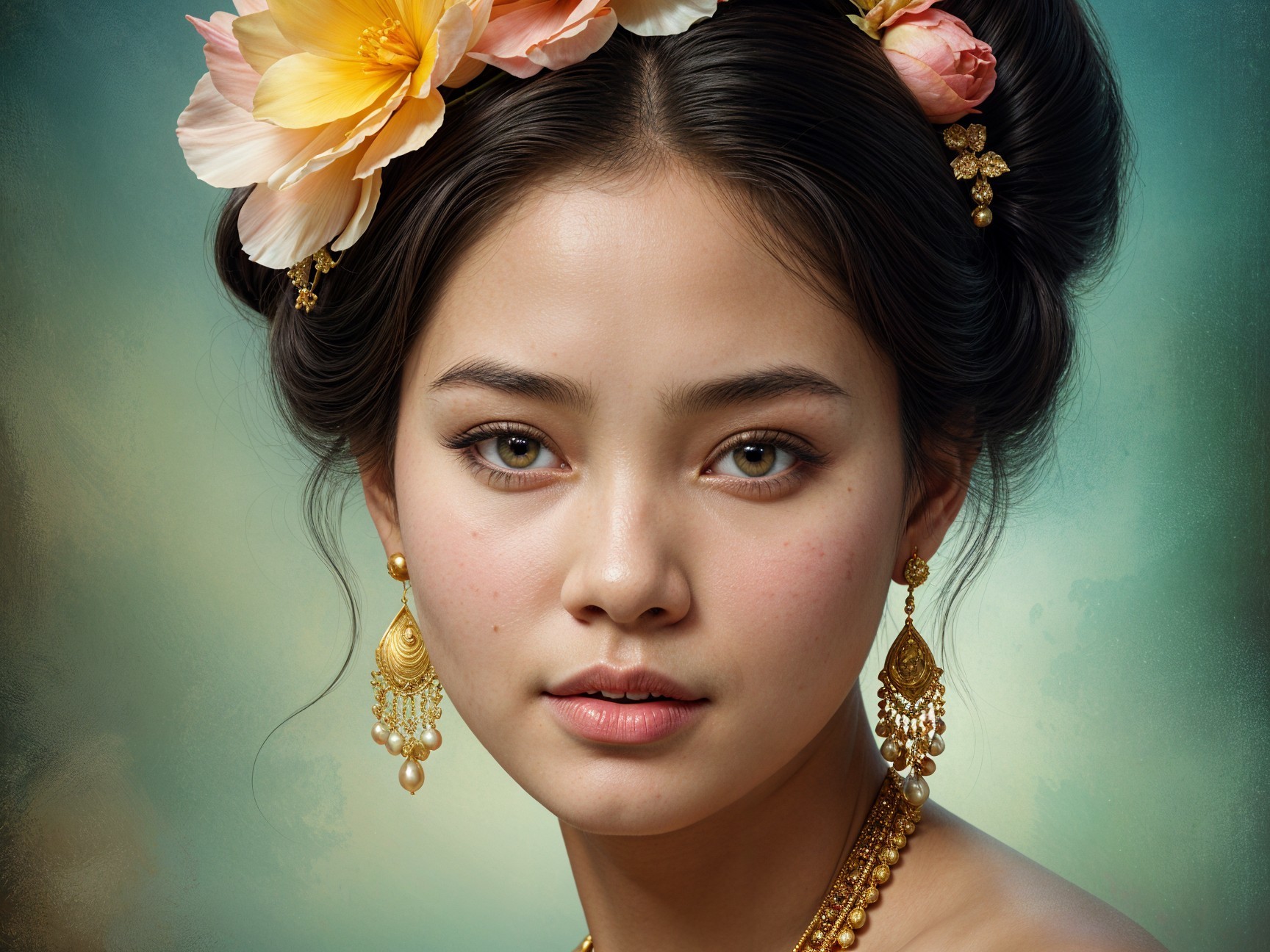 Young Woman with Green Eyes and Floral Accessories