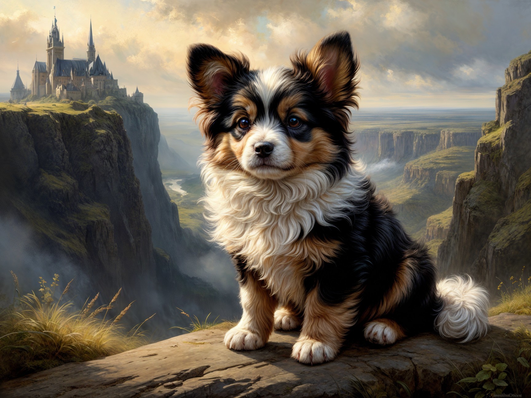 Tri-colored puppy on rocky ledge with castle backdrop