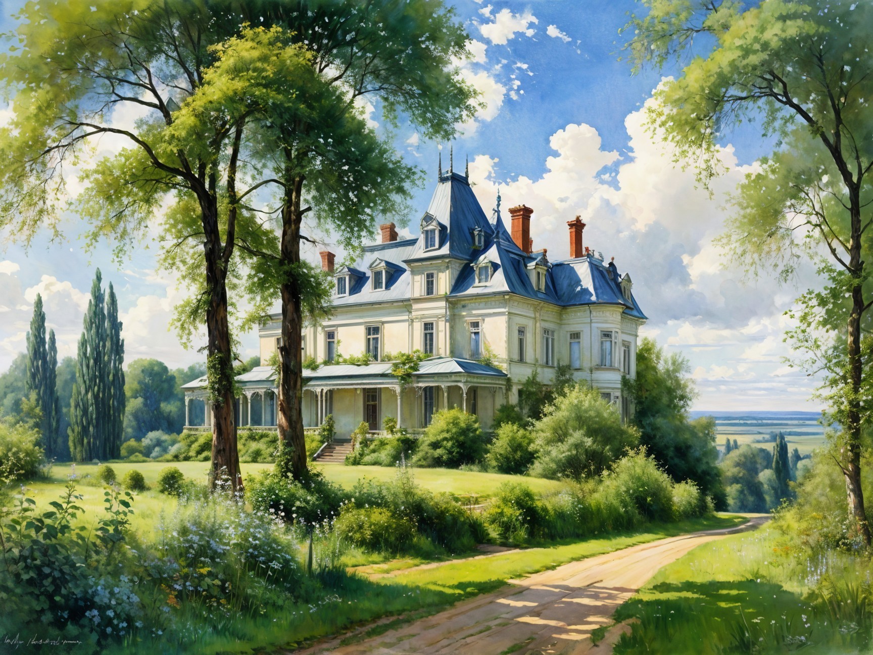 Elegant Mansion on a Lush Green Hillside