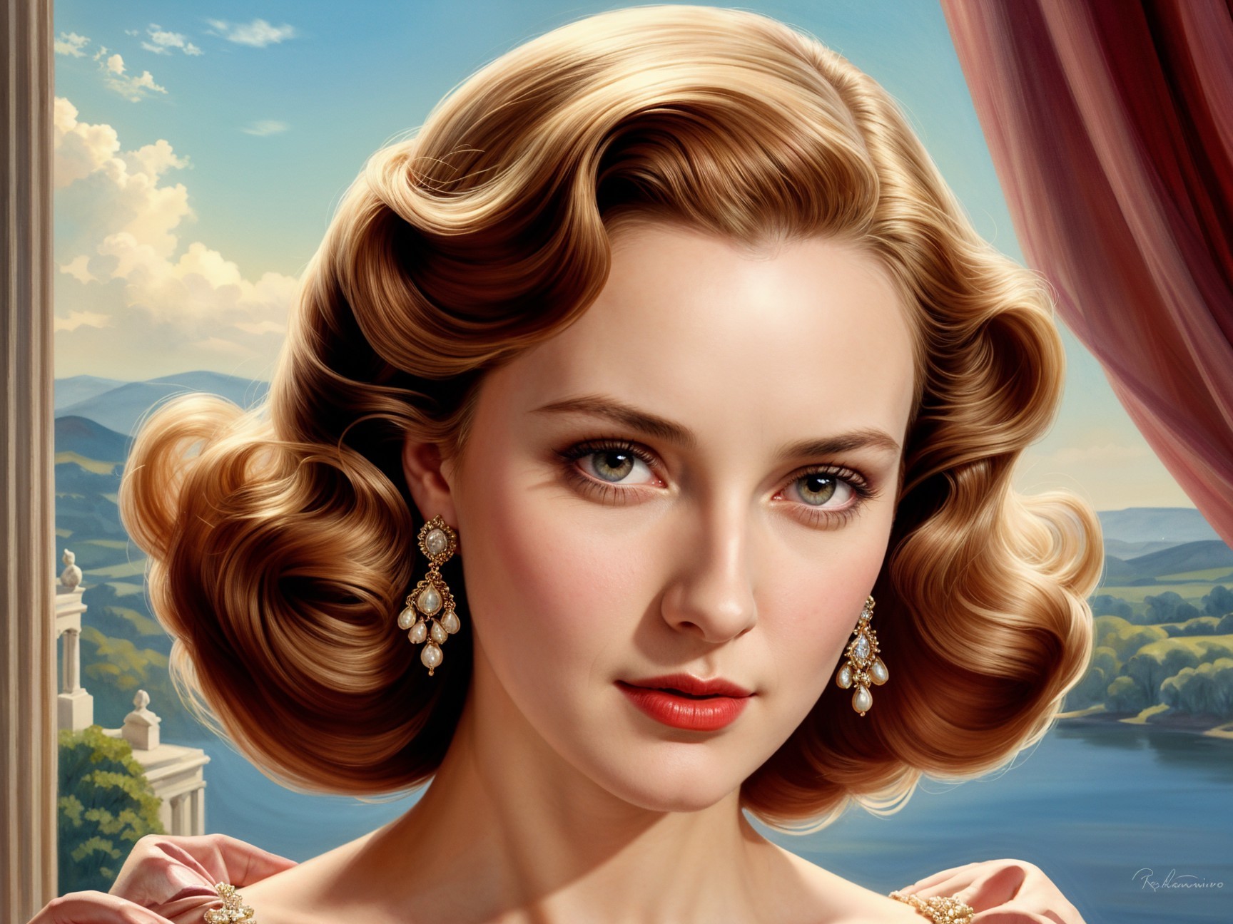 Glamorous Woman in Vintage Pink Gown by Serene Lake